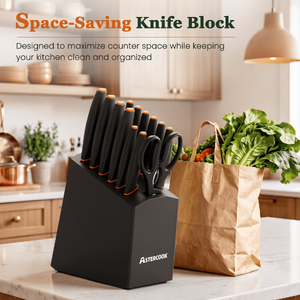 29.79 FS WALMART+ by ASTERCOOK Astercook 14-Piece Kitchen Knife Set with Block,High Carbon German Stainless Steel,Built-in Sharpener,Dishwasher Safe,Black