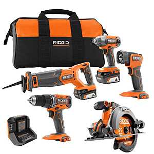 RIDGID 18V Cordless 5-Tool Combo Kit with (2) 4.0 Ah Batteries,Charger,Tool Bag,and Accessories $279