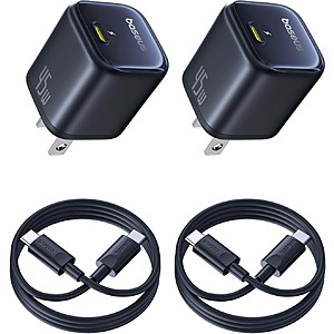 2-Pk 45W Baseus USB-C Charger Block w/ 3.3' USB-C Cable $18