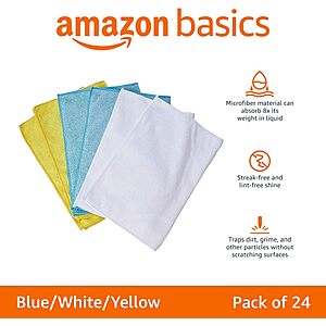 Select Accts:24-Pk 16"x12" Amazon Basics Microfiber Cleaning Cloths (3 Colors) $6 w/ S&S