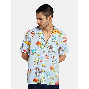 3.88:Nintendo Men's and Big Men's Mushroom Kingdom Graphic Button Up Shirt (Sizes XS-4XL) at Walmart.com