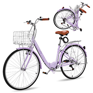 Ktaxon 26in Folding Beach Cruiser Bike for Women,7-Speed City Commuter Bike with Lock,Basket & Rack,Purple $199.99