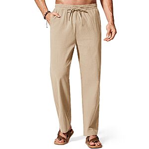 COOFANDY Men Casual Linen Pants Beach Summer Lightweight Pant Elastic Waist Drawstring Loose Trousers Khaki $8.99