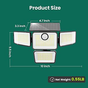 omibee 3000LM Solar Lights Outdoor,4 Adjustable Heads Motion Sensor Security Light,3 Modes,6500K,IP65 Waterproof Solar Wall Flood Lights 2 Pack $16.39