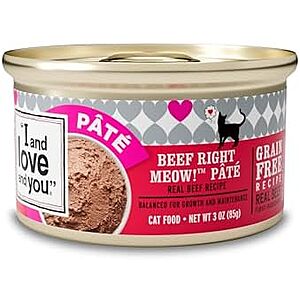 SnS] $9.99** | 24-Pack 3-Oz I and love and you Wet Cat Food (Beef Right Meow Pate) at Amazon