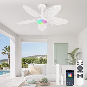 42" Outdoor Tropical Palm Leaf 6-Speed Ceiling Fan w/ 3CCT Dimmable LED Light RGB + Remote $51 + Free S/H