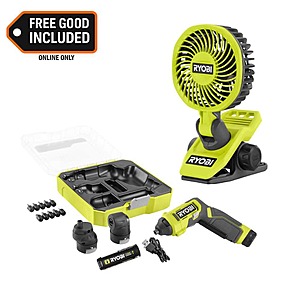 Ryobi USB Lithium Multi-Head Screwdriver Kit,10-Pc Bit Set,3-Interchangeable Heads with USB Lithium Cordless Clamp Fan $49.97