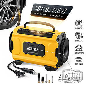 AstroAI Tire Inflator for Car/Home 12V DC/110V AC,5-in-1 Portable Air Compressor 150 PSI Air Tire Pump with Accessories Storage $49.99