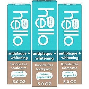 SnS,AC] $16.20 | 2 × 3-Pack 5-Oz hello Antiplaque and Whitening Fluoride Free Toothpaste ($8.10 each) at Amazon
