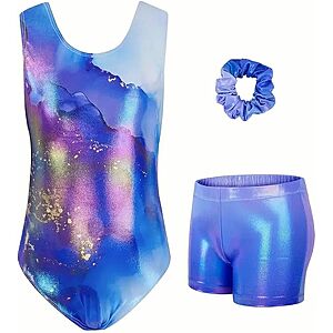 3-Piece JiAmy Girls' Sparkly Sleeveless Gymnastics Leotard Set w/ Shorts & Scrunchie (Various Colors/Prints) from $5.99 & More + Free Shipping w/ Prime or on $35