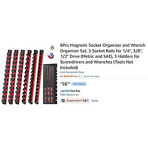 13.99AC Bensbl 6Pcs Magnetic Socket Organizer and Wrench Organizer Set,3 Socket Rails for 1/4",3/8",1/2" Drive (Metric and SAE),3 Holders for Screwdrivers and Wrenches