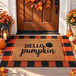 2 Pack Fall Door Mat Set,Hello Pumpkin Mat & Plaid Rug for Thanksgiving $25.99