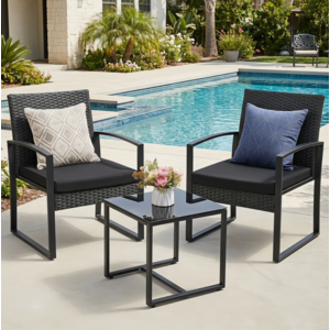 3 Piece Wicker Patio Bistro Set with Coffee Table,Outdoor Rattan Conversation Set (Black,Gray,or Beige) - $86.99