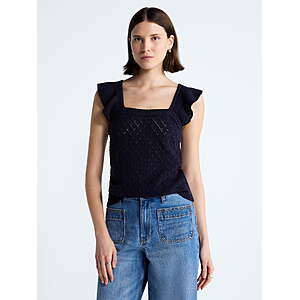4.48:Free Assembly Women's and Women's Plus Square Neck Cotton Sweater with Flutter Sleeves (Darkest Navy,L/XL only) at Walmart.com