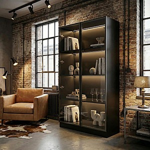 Black Wood Display Cabinet With Tempered Glass Doors and 3-Color LED Lightsh $189