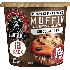 17.39 | 12-Pack 2.36-Oz Kodiak Cakes Minute Muffins (Chocolate Chip) at Amazon ($1.45 each