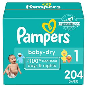 Pampers Baby Dry Diapers:186-Ct (Size 2) or 204-Ct (Size 1) $16.80 + Free S&H