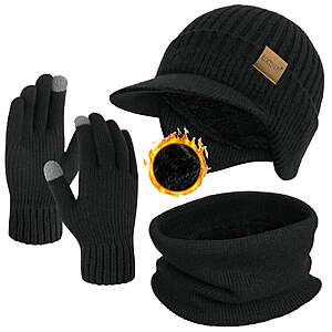 15 fs LSD via Walmart:KOITHOT 3 Pcs Winter Beanie Hat with Brim and Ear Flaps Knitted Line Neck Warmer Touchscreen Gloves Set for Men Black