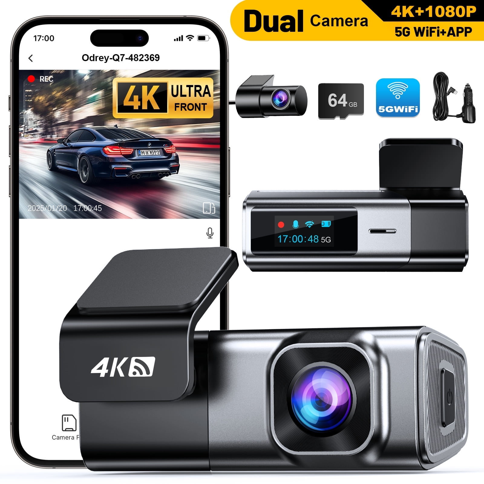 Odrey 4K Front & 1080P Rear Dash Cam w/ 5G WiFi,G-Sensor,24H Parking Mode & 64GB Card $56.99 + Free Shipping
