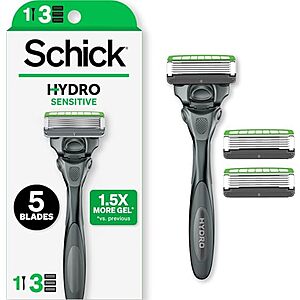 SnS,AC] $7.49* | Schick Hydro Sensitive 5-Blade Razor Starter Kit w/ 1 Handle & 3 Razor Refills at Amazon