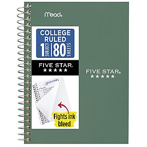 7" x 4-3/8" Five Star Spiral Notebook (College Ruled,80 Sheets,Green) $1.63 + Free Shipping w/ Prime or on $35