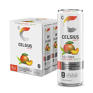 4-Pk 12-Oz CELSIUS Sugar Free Energy Drink (Peach Mango Green Tea) $4.75 w/ S&S