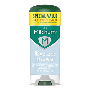 2-Pack 3.4-Ounce Mitchum Men's Triple Odor Protection Antiperspirant & Deodorant Gel (Unscented) $3.46 w/ S&S + Free Shipping w/ Prime or on $35