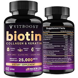 S&S] VITBOOST Biotin with Hyaluronic Acid,Collagen and Keratin – 25000 mcg Hair Growth Vitamins for Men and Women 60 Capsules $14.36