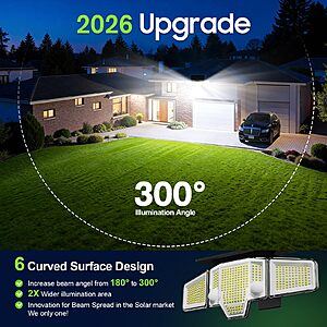 TuyLuxe 2026 Motion Sensor Solar Lights Outdoor Waterproof,4000LM Solar Flood Lights with Dual PIR & Curved 300° Wide Beam-2Pack Black $17.98