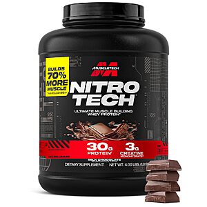 Muscletech Whey Protein Powder (Milk Chocolate,4 Pound) - Nitro-Tech with Whey Protein Isolate - 30g of Protein,3g of Creatine & 6.8g of BCAA - $35.74 or less