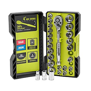 26-Pc Ryobi 1/4" Drive Ratchet & Socket Set $20 + Free S&H