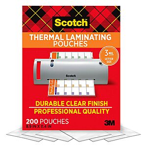 200-Count 8.9" x 11.4" Scotch Thermal Laminating Pouches (3 mil Letter Size) $17.60