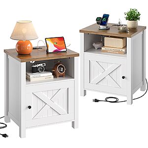Marsail Farmhouse Nightstand Set of 2 with Charging Station,Wood Bedside Table with USB Port & AC Outlet,Brown and White $98.97
