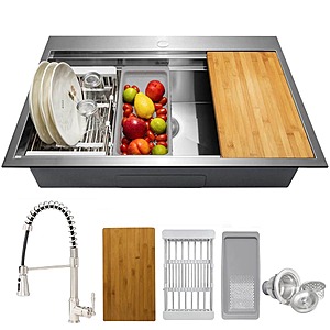 Handmade All-in-One Top mount Stainless Steel 33 in.x 22 in.Single Bowl Kitchen Sink w/ Spring Neck Faucet,Accessory $299.99