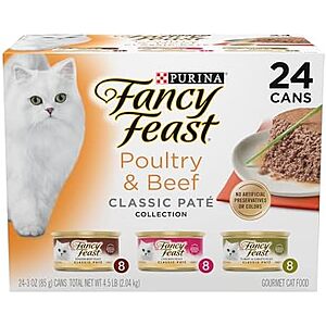 SnS,AC] $23.96 | 2 × 24-Pack 3-Oz Purina Fancy Feast Wet Cat Food (Poultry and Beef Feast Classic Pate Collection) ($11.98 each) at Amazon
