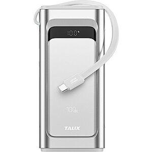 TALIX 10000mAh 100W Portable Charger w/ Built-in USB-C Cable & Digital Display (Silver) $17.99 + Free Shipping w/ Prime or on $35