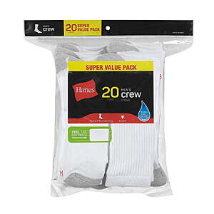 20-Pack Hanes Men's Lightweight Crew Socks (Black or White) $10 + Free Shipping w/ Walmart+ or on $35