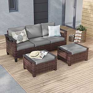 250:JOYESERY 3-Seater Patio Brown Wicker Sofa set Patio Conversation Set with Ottomans,Gray Cushion at HomeDepot