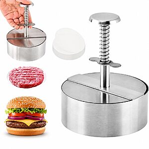 304 Stainless Steel Burger Press,4.1" Adjustable Hamburger Press with 50 PCS Non Stick Patty Papers and 1 Pack Oil Brush,Heavy Duty Hamburger Meat Press Maker $8.79