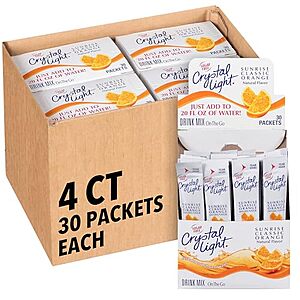 SnS,AC] $33.44 | 4-Pack 30-Сщгте Crystal Light Sugar-Free Orange On-The-Go Powdered Drink Mix at Amazon