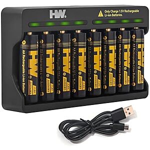Prime,AC] $9.49* | 8-Pack 3500mWh HW Rechargeable Lithium AA Batteries w/ Charger at Amazon