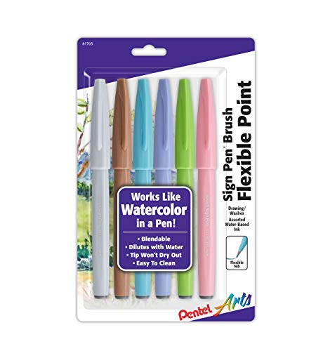Pentel Arts Sign Pen Brush Tip...el Colors,6-Pk (SES15C2BP6M1