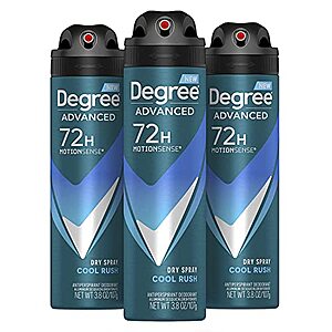 SnS,AC] $10.90 | 3-Pack 3.8-Oz Degree Men Antiperspirant Deodorant Dry Spray (Cool Rush) at Amazon