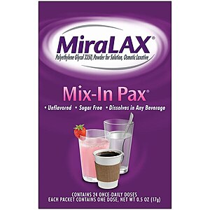 Miralax,Mix-In Pax Powder Packets,Unflavored,24 Doses $0.99