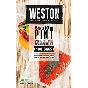NEW] $9.99 | 100-Count Weston 6" x 10" Pint Vacuum Sealer Bags For Meal Prep & Sous Vide at Amazon