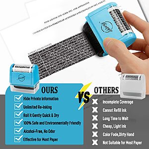 12.79-$14.99 AMAZON Miseyo Wide Identity Theft Protection Roller Stamp Set - Blue (3 or 6 Refill Ink Included