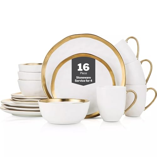 Stone Lain Modern Poreclain 16...et for 4,White And Golden Rim