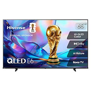 Hisense 65" Class E6SR Series Hi-QLED 4K UHD Smart Roku TV (65E6SR,2026 Model) - Dolby Vision,Game Mode Plus,VRR,ALLM $429.99