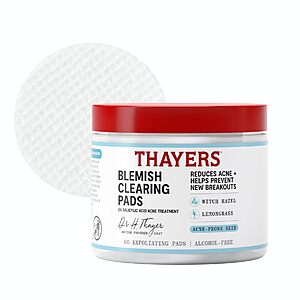 S&S] Thayers Blemish Clearing Acne Pads,Salicylic Acid Acne Treatment for Face Witch Hazel Toner Pads,60 Ct $5.37