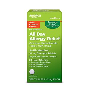 13.34:Amazon Basic Care All Day Allergy Cetirizine Hydrochloride Tablets,10 mg,24-Hour Relief,365 Count (Pack of 1